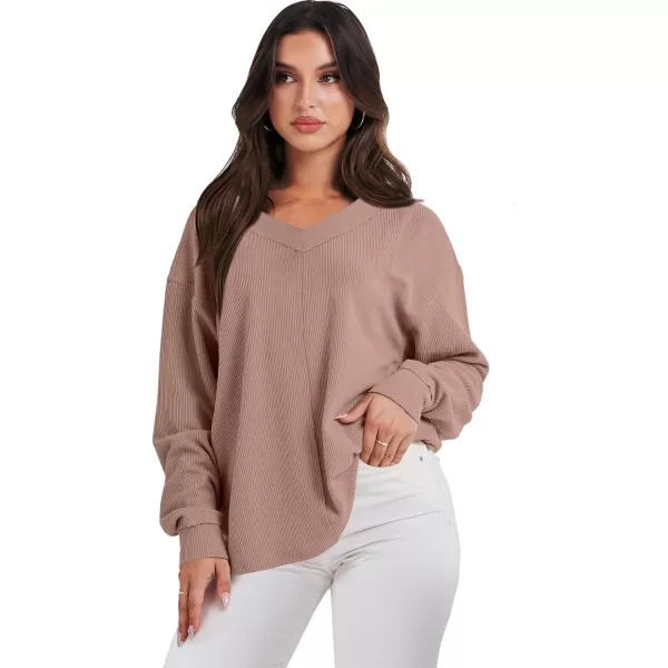 Caracilia Women Long Sleeve Shirt Off Shoulder Sweater Oversized Sweatshirt V Neck Knit Pullover Fall Clothes Loose Tunic Top