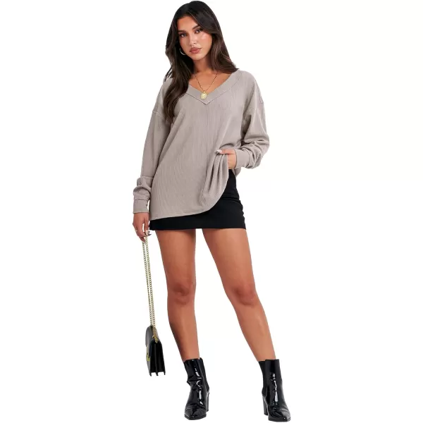 Caracilia Women Long Sleeve Shirt Off Shoulder Sweater Oversized Sweatshirt V Neck Knit Pullover Fall Clothes Loose Tunic Top
