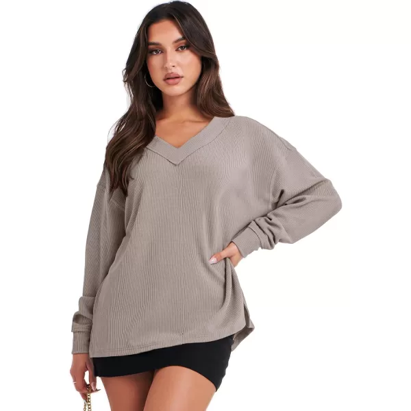 Caracilia Women Long Sleeve Shirt Off Shoulder Sweater Oversized Sweatshirt V Neck Knit Pullover Fall Clothes Loose Tunic Top