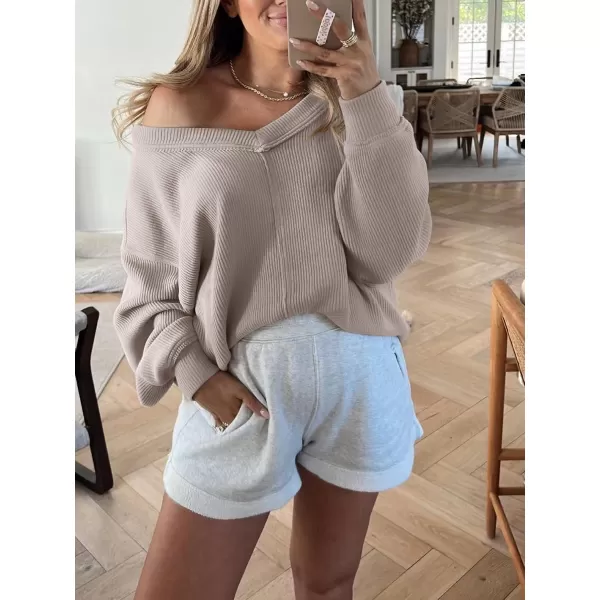 Caracilia Women Long Sleeve Shirt Off Shoulder Sweater Oversized Sweatshirt V Neck Knit Pullover Fall Clothes Loose Tunic Top