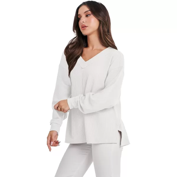 Caracilia Women Long Sleeve Shirt Off Shoulder Sweater Oversized Sweatshirt V Neck Knit Pullover Fall Clothes Loose Tunic Top