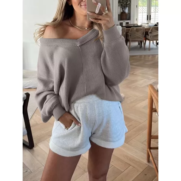 Caracilia Women Long Sleeve Shirt Off Shoulder Sweater Oversized Sweatshirt V Neck Knit Pullover Fall Clothes Loose Tunic Top