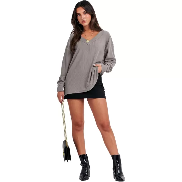 Caracilia Women Long Sleeve Shirt Off Shoulder Sweater Oversized Sweatshirt V Neck Knit Pullover Fall Clothes Loose Tunic Top