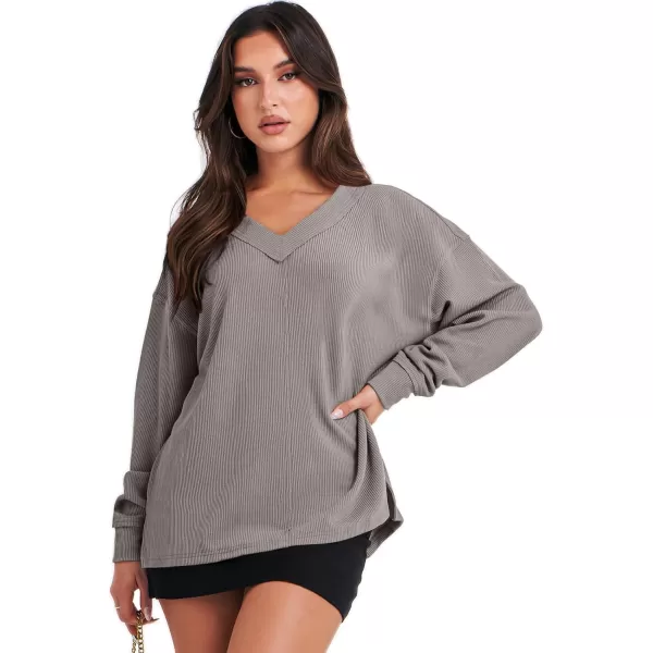 Caracilia Women Long Sleeve Shirt Off Shoulder Sweater Oversized Sweatshirt V Neck Knit Pullover Fall Clothes Loose Tunic Top