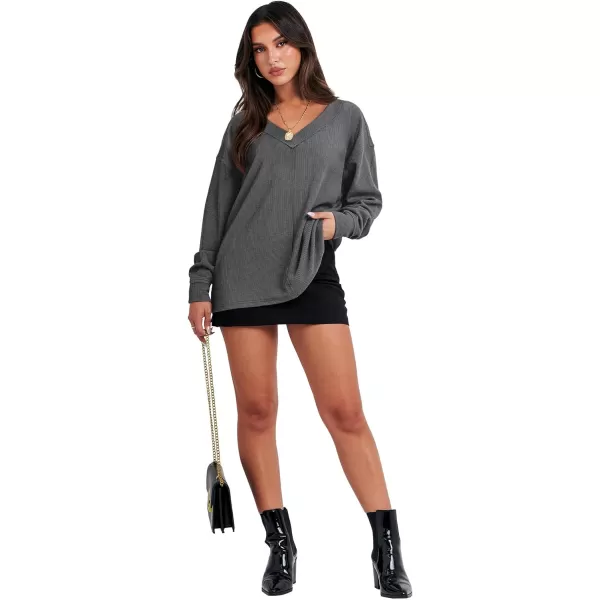 Caracilia Women Long Sleeve Shirt Off Shoulder Sweater Oversized Sweatshirt V Neck Knit Pullover Fall Clothes Loose Tunic Top