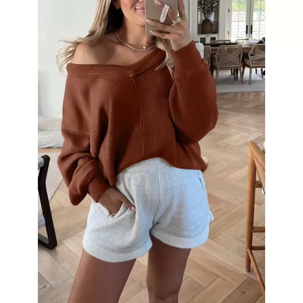 Caracilia Women Long Sleeve Shirt Off Shoulder Sweater Oversized Sweatshirt V Neck Knit Pullover Fall Clothes Loose Tunic Top