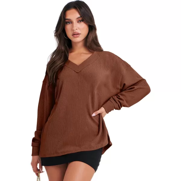 Caracilia Women Long Sleeve Shirt Off Shoulder Sweater Oversized Sweatshirt V Neck Knit Pullover Fall Clothes Loose Tunic Top