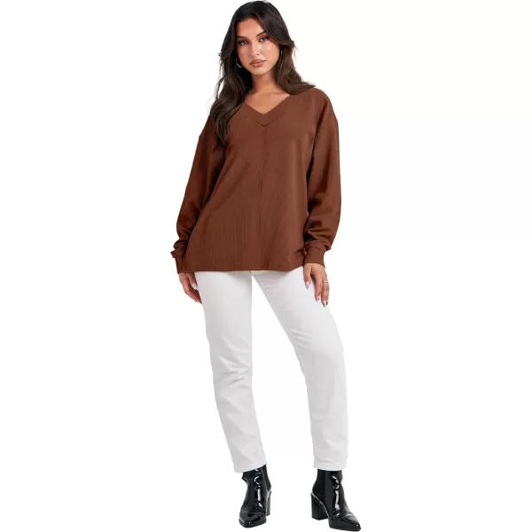 Caracilia Women Long Sleeve Shirt Off Shoulder Sweater Oversized Sweatshirt V Neck Knit Pullover Fall Clothes Loose Tunic Top