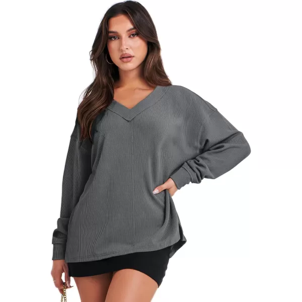 Caracilia Women Long Sleeve Shirt Off Shoulder Sweater Oversized Sweatshirt V Neck Knit Pullover Fall Clothes Loose Tunic Top