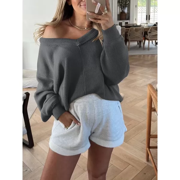 Caracilia Women Long Sleeve Shirt Off Shoulder Sweater Oversized Sweatshirt V Neck Knit Pullover Fall Clothes Loose Tunic Top