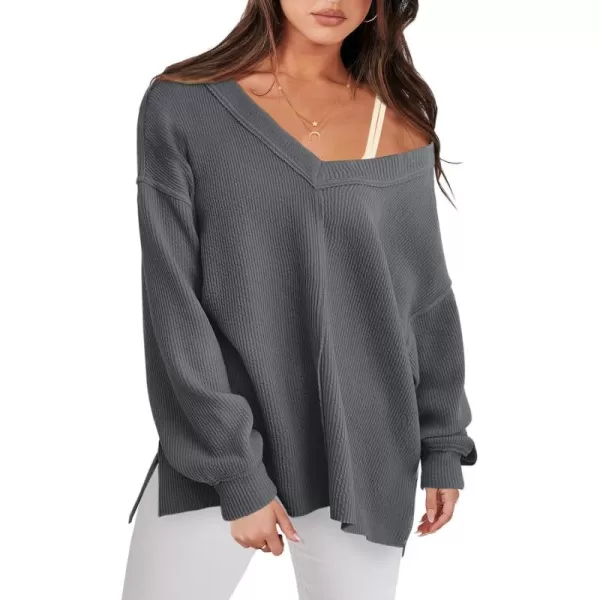 Caracilia Women Long Sleeve Shirt Off Shoulder Sweater Oversized Sweatshirt V Neck Knit Pullover Fall Clothes Loose Tunic Top