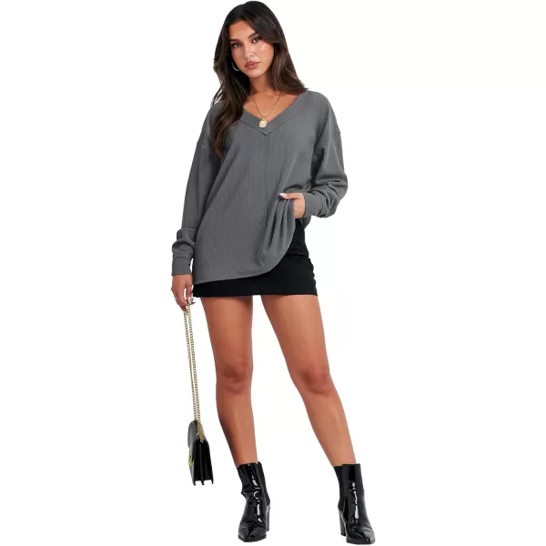 Caracilia Women Long Sleeve Shirt Off Shoulder Sweater Oversized Sweatshirt V Neck Knit Pullover Fall Clothes Loose Tunic Top