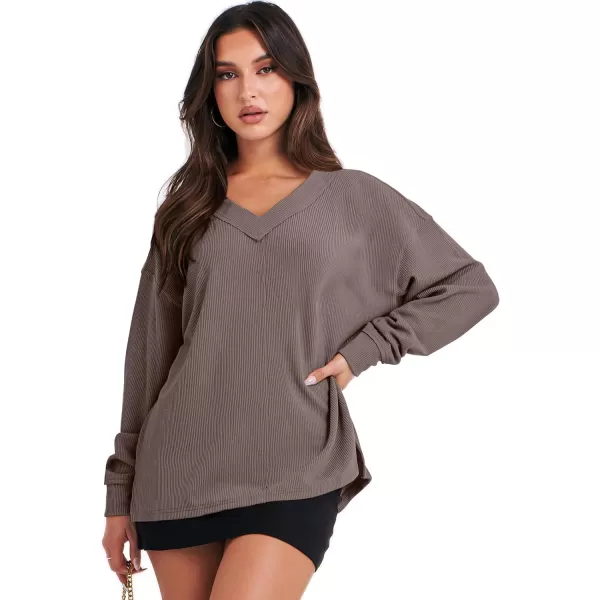 Caracilia Women Long Sleeve Shirt Off Shoulder Sweater Oversized Sweatshirt V Neck Knit Pullover Fall Clothes Loose Tunic Top