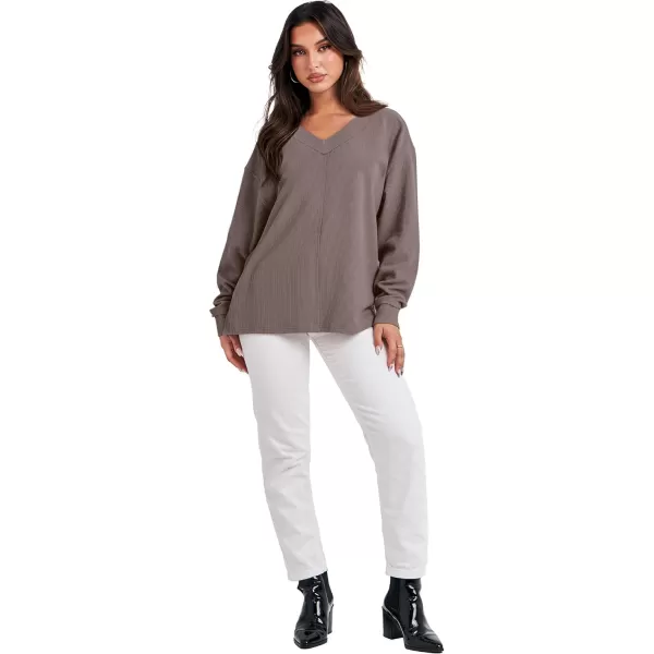Caracilia Women Long Sleeve Shirt Off Shoulder Sweater Oversized Sweatshirt V Neck Knit Pullover Fall Clothes Loose Tunic Top