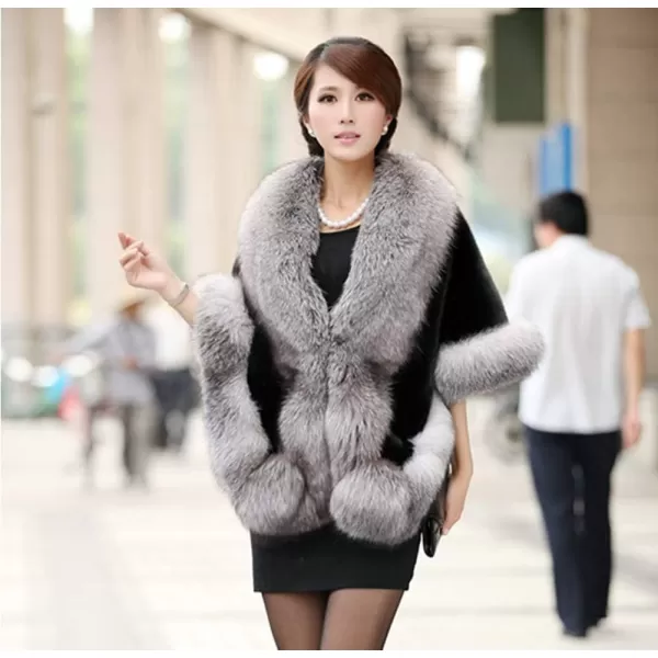 Caracilia Women Luxury Faux Fur Coat Jackets Wrap Cape Shawl for Wedding Party