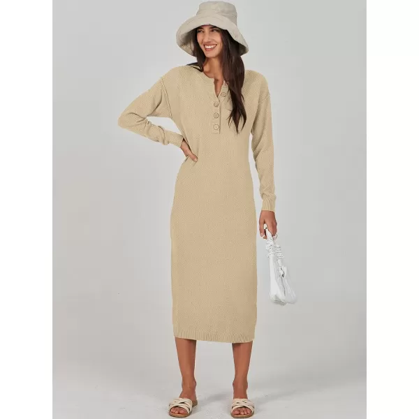 Caracilia Women Sweater Dress Long Sleeve Button V Neck Oversized Waffle Knit Pullover Sweater Casual Loose Fall Maxi Dress