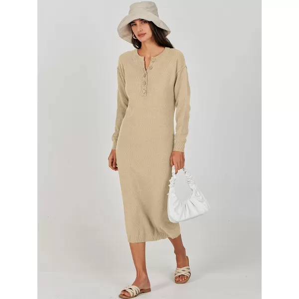 Caracilia Women Sweater Dress Long Sleeve Button V Neck Oversized Waffle Knit Pullover Sweater Casual Loose Fall Maxi Dress