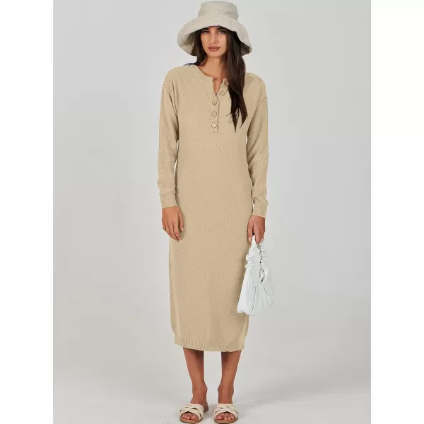 Caracilia Women Sweater Dress Long Sleeve Button V Neck Oversized Waffle Knit Pullover Sweater Casual Loose Fall Maxi Dress