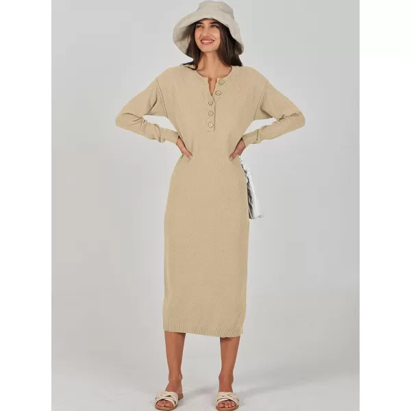 Caracilia Women Sweater Dress Long Sleeve Button V Neck Oversized Waffle Knit Pullover Sweater Casual Loose Fall Maxi Dress