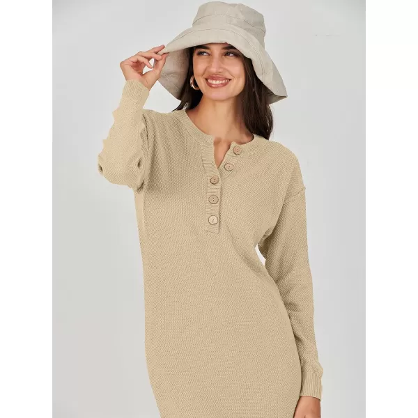 Caracilia Women Sweater Dress Long Sleeve Button V Neck Oversized Waffle Knit Pullover Sweater Casual Loose Fall Maxi Dress