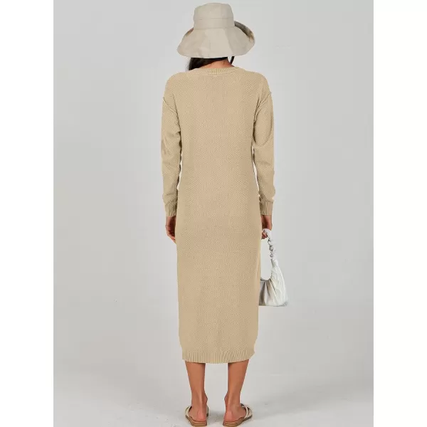 Caracilia Women Sweater Dress Long Sleeve Button V Neck Oversized Waffle Knit Pullover Sweater Casual Loose Fall Maxi Dress