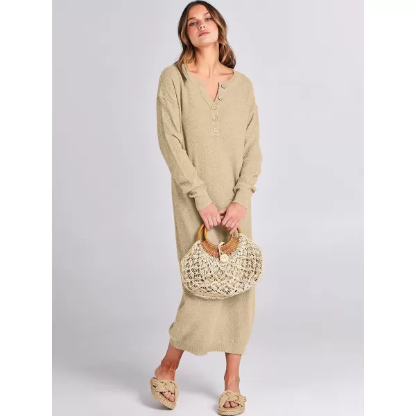 Caracilia Women Sweater Dress Long Sleeve Button V Neck Oversized Waffle Knit Pullover Sweater Casual Loose Fall Maxi Dress