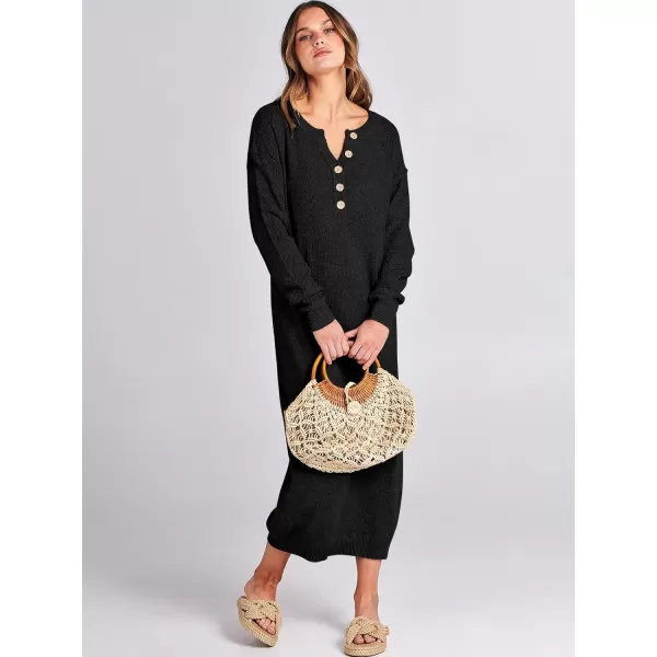 Caracilia Women Sweater Dress Long Sleeve Button V Neck Oversized Waffle Knit Pullover Sweater Casual Loose Fall Maxi Dress