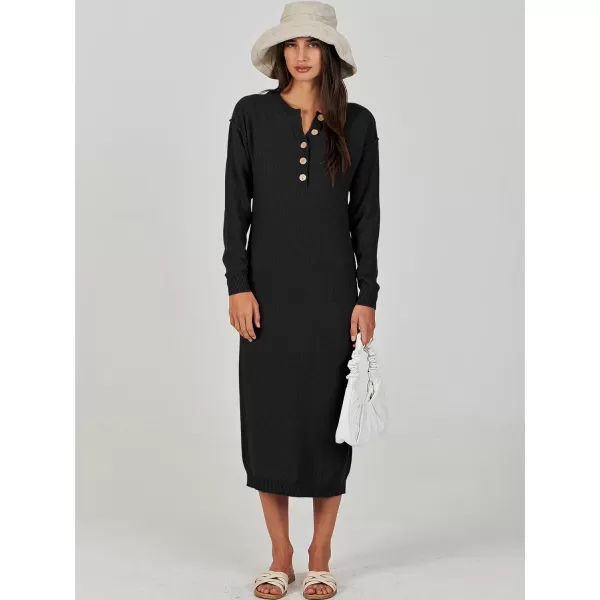 Caracilia Women Sweater Dress Long Sleeve Button V Neck Oversized Waffle Knit Pullover Sweater Casual Loose Fall Maxi Dress
