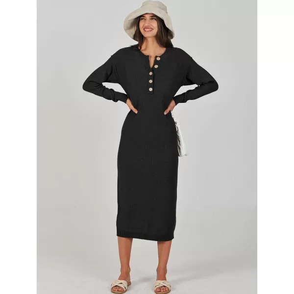 Caracilia Women Sweater Dress Long Sleeve Button V Neck Oversized Waffle Knit Pullover Sweater Casual Loose Fall Maxi Dress