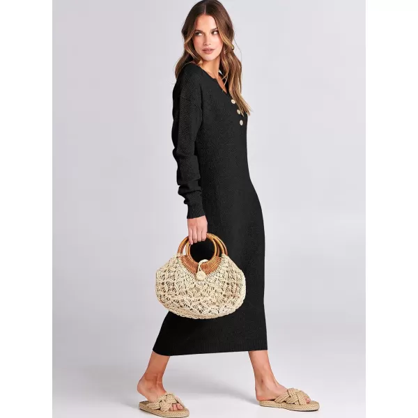 Caracilia Women Sweater Dress Long Sleeve Button V Neck Oversized Waffle Knit Pullover Sweater Casual Loose Fall Maxi Dress