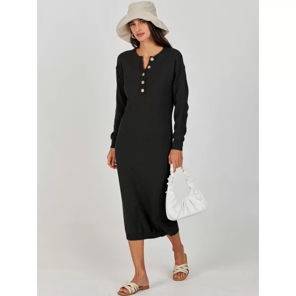 Caracilia Women Sweater Dress Long Sleeve Button V Neck Oversized Waffle Knit Pullover Sweater Casual Loose Fall Maxi Dress