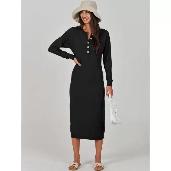 Caracilia Women Sweater Dress Long Sleeve Button V Neck Oversized Waffle Knit Pullover Sweater Casual Loose Fall Maxi Dress