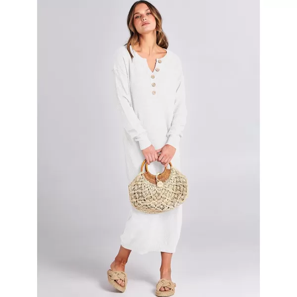 Caracilia Women Sweater Dress Long Sleeve Button V Neck Oversized Waffle Knit Pullover Sweater Casual Loose Fall Maxi Dress