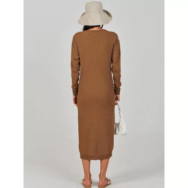 Caracilia Women Sweater Dress Long Sleeve Button V Neck Oversized Waffle Knit Pullover Sweater Casual Loose Fall Maxi Dress