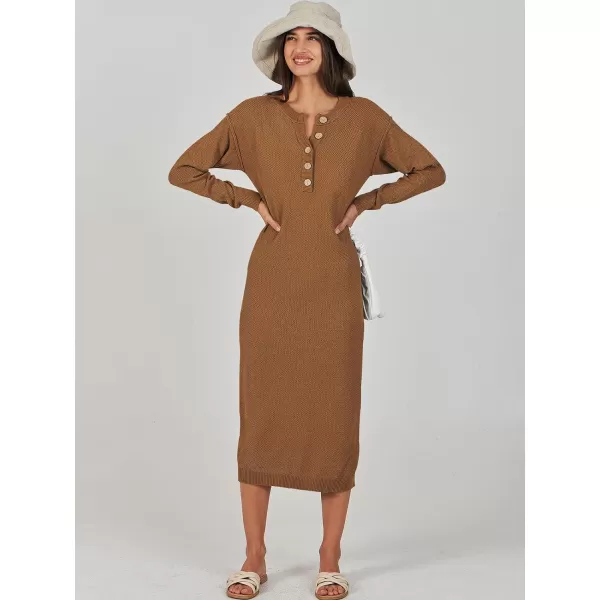 Caracilia Women Sweater Dress Long Sleeve Button V Neck Oversized Waffle Knit Pullover Sweater Casual Loose Fall Maxi Dress