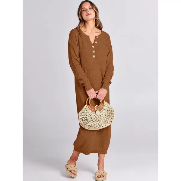 Caracilia Women Sweater Dress Long Sleeve Button V Neck Oversized Waffle Knit Pullover Sweater Casual Loose Fall Maxi Dress