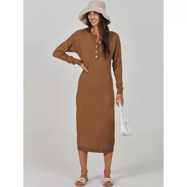 Caracilia Women Sweater Dress Long Sleeve Button V Neck Oversized Waffle Knit Pullover Sweater Casual Loose Fall Maxi Dress