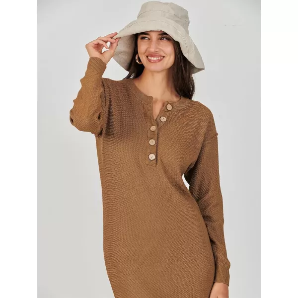 Caracilia Women Sweater Dress Long Sleeve Button V Neck Oversized Waffle Knit Pullover Sweater Casual Loose Fall Maxi Dress