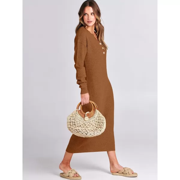 Caracilia Women Sweater Dress Long Sleeve Button V Neck Oversized Waffle Knit Pullover Sweater Casual Loose Fall Maxi Dress