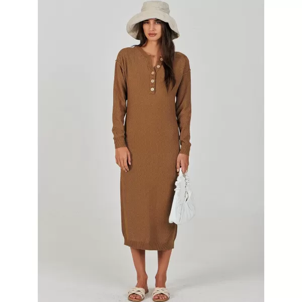 Caracilia Women Sweater Dress Long Sleeve Button V Neck Oversized Waffle Knit Pullover Sweater Casual Loose Fall Maxi Dress