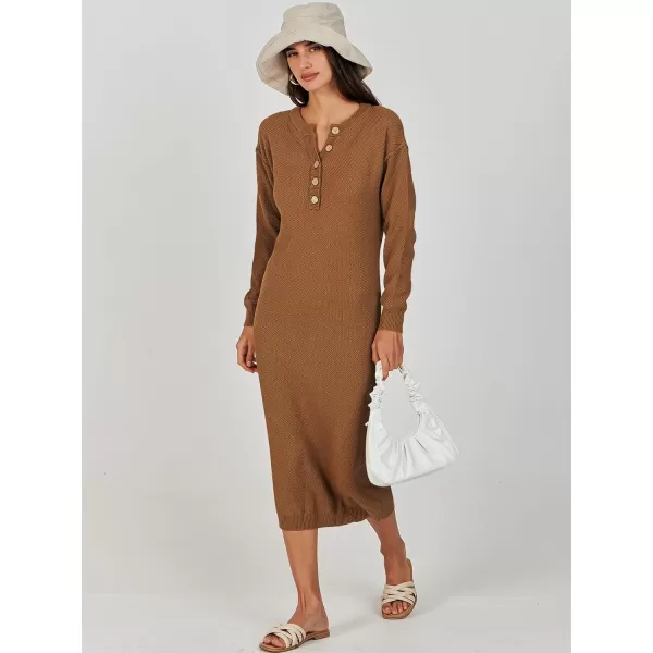 Caracilia Women Sweater Dress Long Sleeve Button V Neck Oversized Waffle Knit Pullover Sweater Casual Loose Fall Maxi Dress