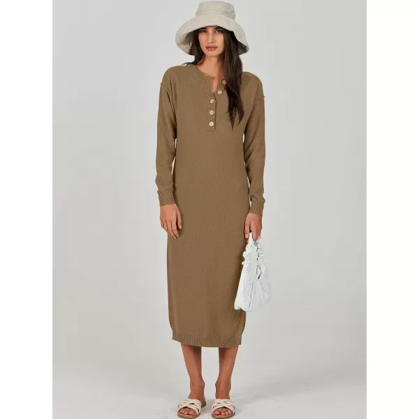 Caracilia Women Sweater Dress Long Sleeve Button V Neck Oversized Waffle Knit Pullover Sweater Casual Loose Fall Maxi Dress