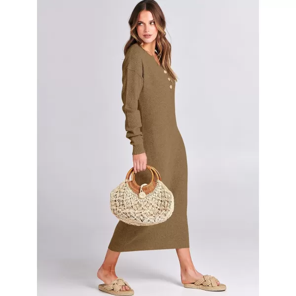 Caracilia Women Sweater Dress Long Sleeve Button V Neck Oversized Waffle Knit Pullover Sweater Casual Loose Fall Maxi Dress