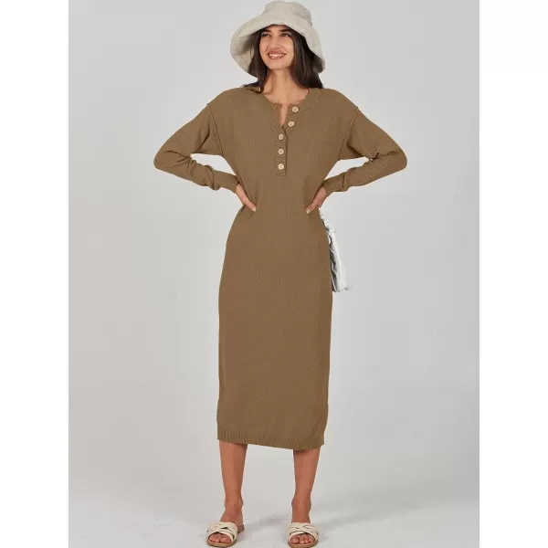 Caracilia Women Sweater Dress Long Sleeve Button V Neck Oversized Waffle Knit Pullover Sweater Casual Loose Fall Maxi Dress