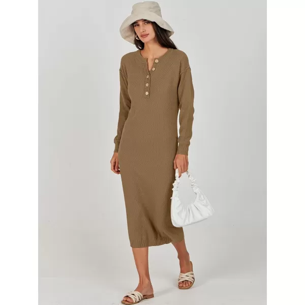 Caracilia Women Sweater Dress Long Sleeve Button V Neck Oversized Waffle Knit Pullover Sweater Casual Loose Fall Maxi Dress