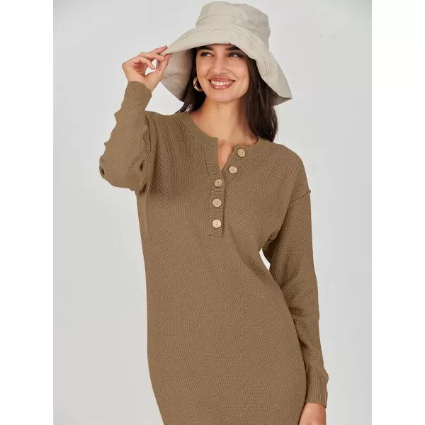 Caracilia Women Sweater Dress Long Sleeve Button V Neck Oversized Waffle Knit Pullover Sweater Casual Loose Fall Maxi Dress