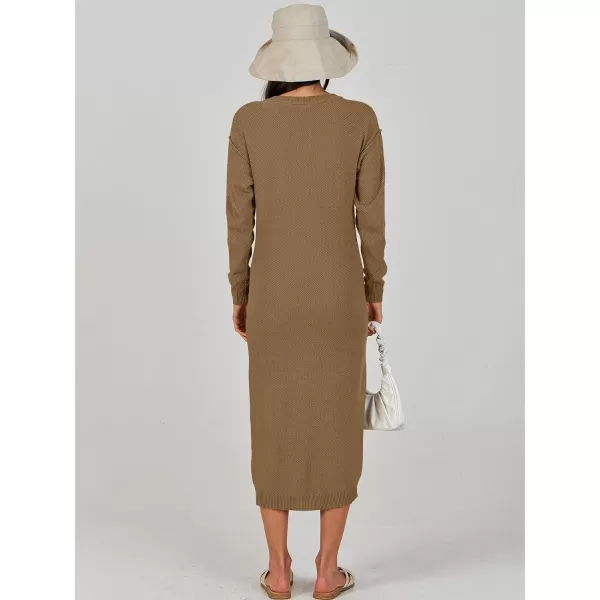 Caracilia Women Sweater Dress Long Sleeve Button V Neck Oversized Waffle Knit Pullover Sweater Casual Loose Fall Maxi Dress