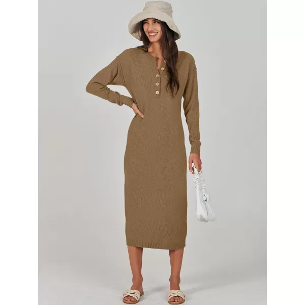 Caracilia Women Sweater Dress Long Sleeve Button V Neck Oversized Waffle Knit Pullover Sweater Casual Loose Fall Maxi Dress