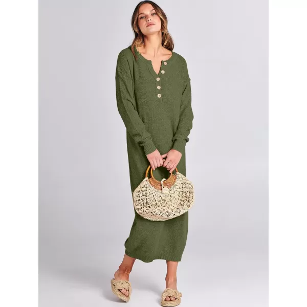 Caracilia Women Sweater Dress Long Sleeve Button V Neck Oversized Waffle Knit Pullover Sweater Casual Loose Fall Maxi Dress
