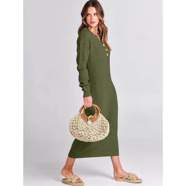 Caracilia Women Sweater Dress Long Sleeve Button V Neck Oversized Waffle Knit Pullover Sweater Casual Loose Fall Maxi Dress
